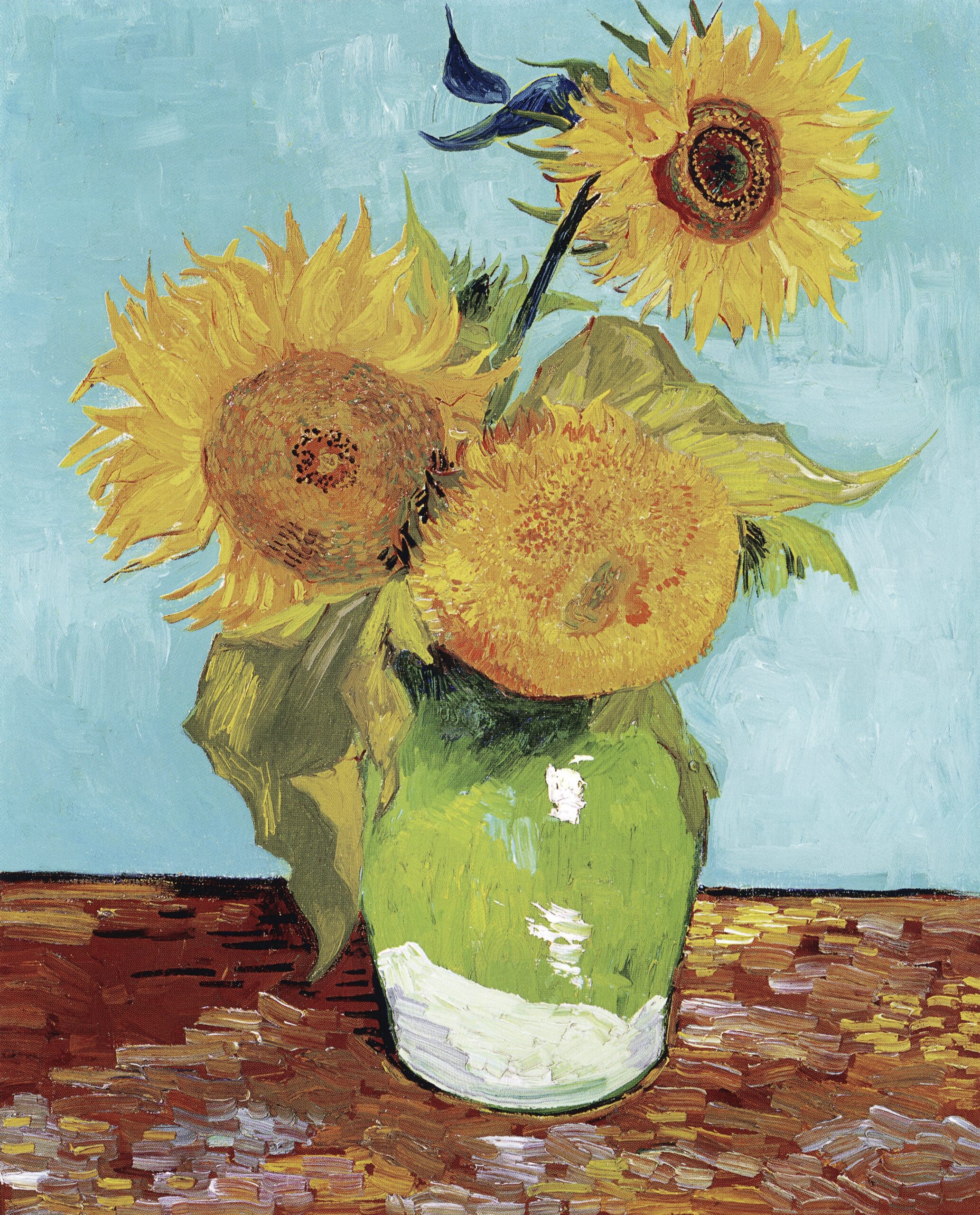 Vincent van Gogh's Vase with Three Sunflowers (1888) famous painting.